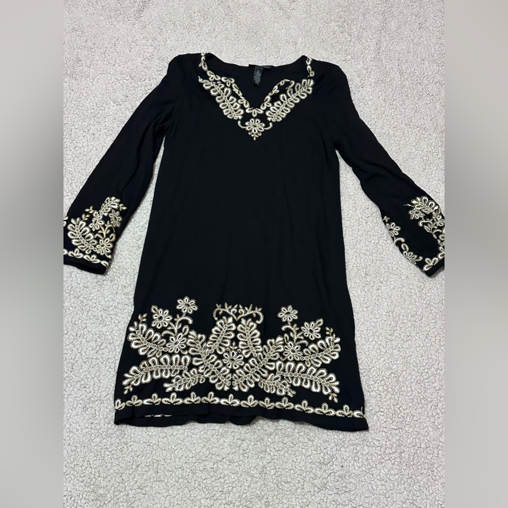 INC International Concepts Black Dress with Cream Embroidery